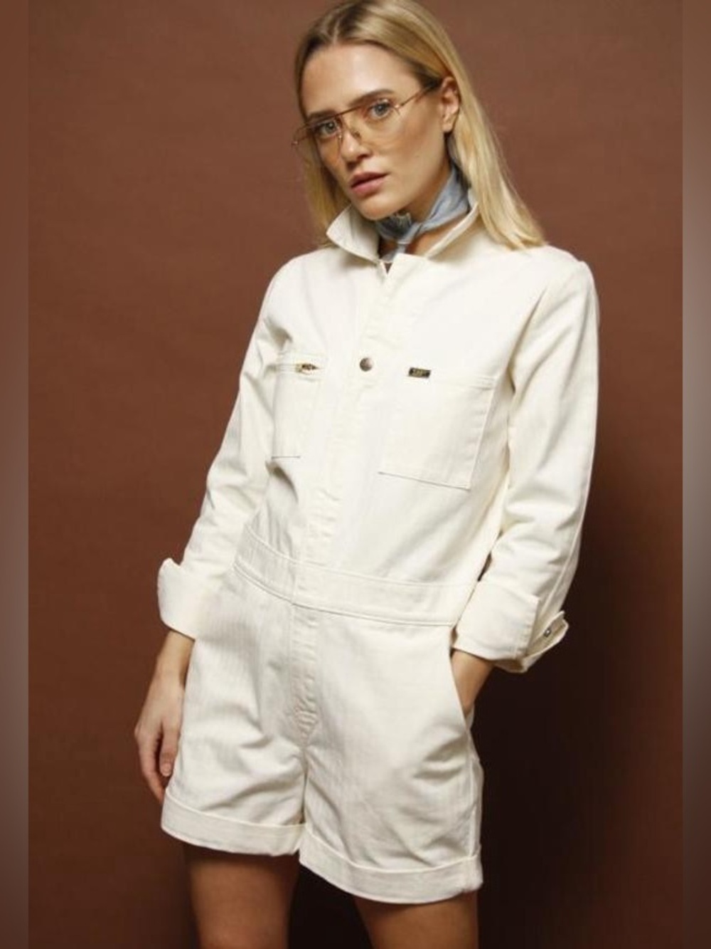Lee Union-Alls Denim Short Romper Jumpsuit Ivory |Cream Utility Jumpsuit Small - Picture 4 of 16